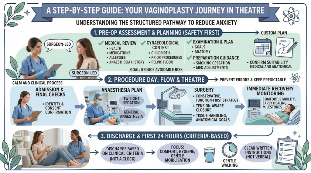 Vaginoplasty (vaginal tightening) step-by-step infographic showing pre-op assessment, anaesthesia options, surgery flow, recovery monitoring, and discharge.