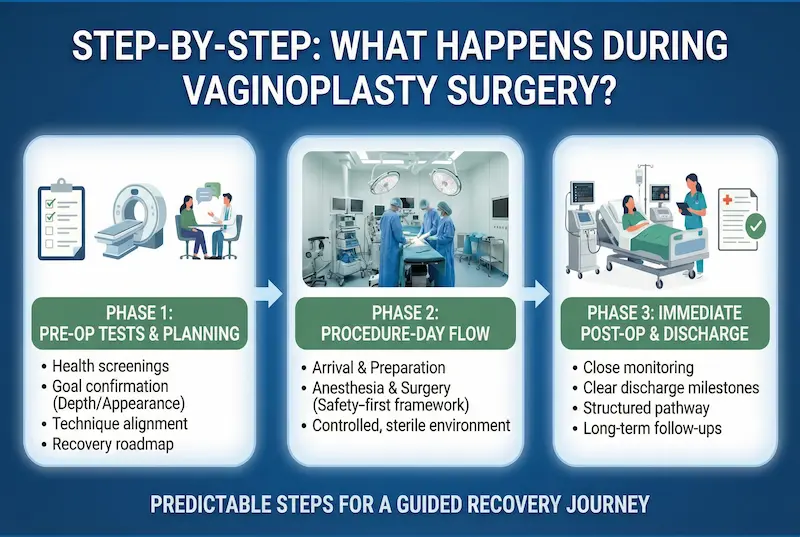 Vaginoplasty surgery step-by-step infographic showing pre-op tests, procedure-day flow, and immediate post-op monitoring & discharge.