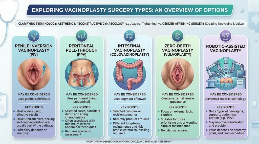 Vaginoplasty surgery types infographic showing PIV, peritoneal pull-through, intestinal vaginoplasty, zero-depth vulvoplasty, and robotic-assisted options.