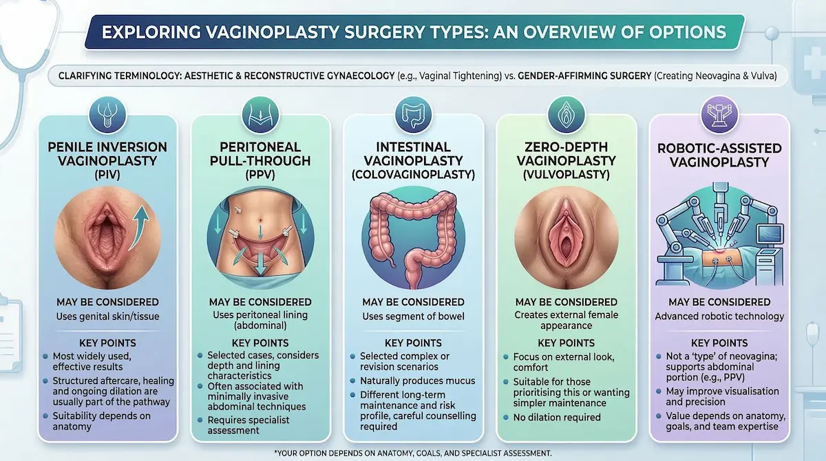 Vaginoplasty surgery types infographic showing PIV, peritoneal pull-through, intestinal vaginoplasty, zero-depth vulvoplasty, and robotic-assisted options.