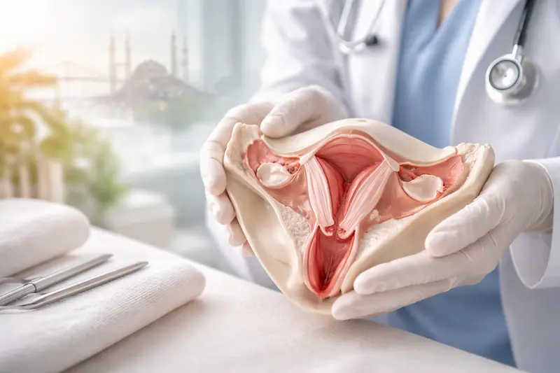 Vaginoplasty (Vaginal Tightening) surgery concept showing a clinician holding a pelvic anatomy model during a consultation.