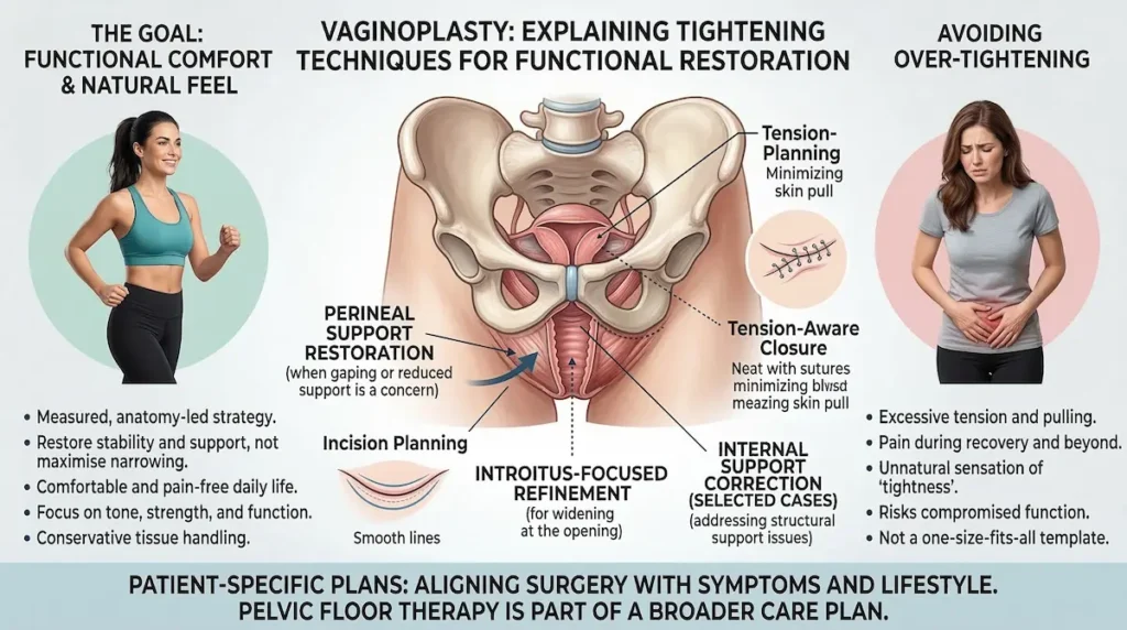 Vaginoplasty surgical techniques infographic showing introitus refinement, perineal support restoration, and tension-aware closure.