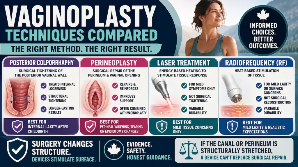 Vaginoplasty techniques compared infographic showing colporrhaphy, perineoplasty, laser treatment, and radiofrequency options for Canadian patients.