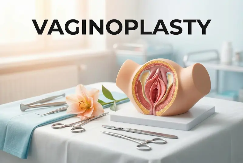 Vaginoplasty hero image showing a medical anatomy model on a surgical table with instruments, representing vaginal canal reconstruction.