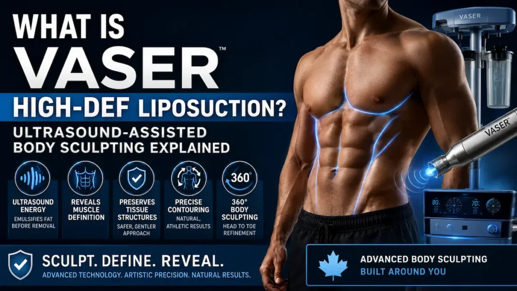 VASER High-Def Liposuction infographic showing ultrasound-assisted body sculpting and muscle definition.
