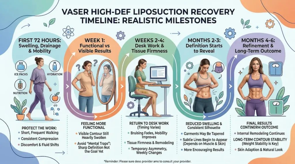 VASER high-def liposuction recovery timeline infographic showing week-by-week milestones from first 72 hours to months 4–6, including swelling, compression, and definition reveal.