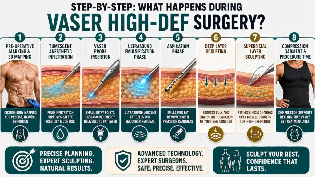 VASER High-Def Liposuction Step by Step infographic showing marking, tumescent infiltration, ultrasound emulsification, aspiration, sculpting, and compression.