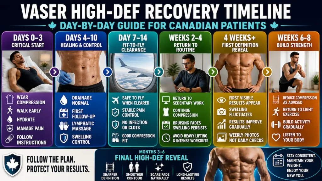 VASER High-Def Recovery Timeline showing day-by-day healing, fit-to-fly clearance, compression, exercise, and final results for Canadian patients.