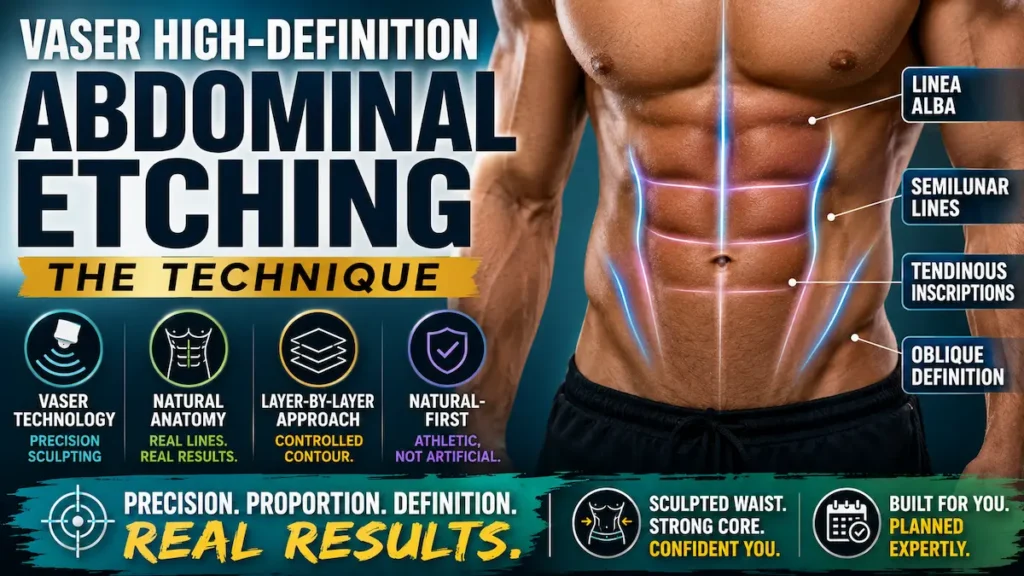 VASER high-definition abdominal etching technique showing linea alba, semilunar lines, and oblique definition.