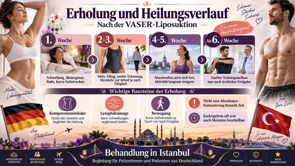 Infografik zur VASER-Liposuktion: Heilungsverlauf mit Wochenübersicht, Kompressionsmieder, Lymphdrainage und Bewegung.