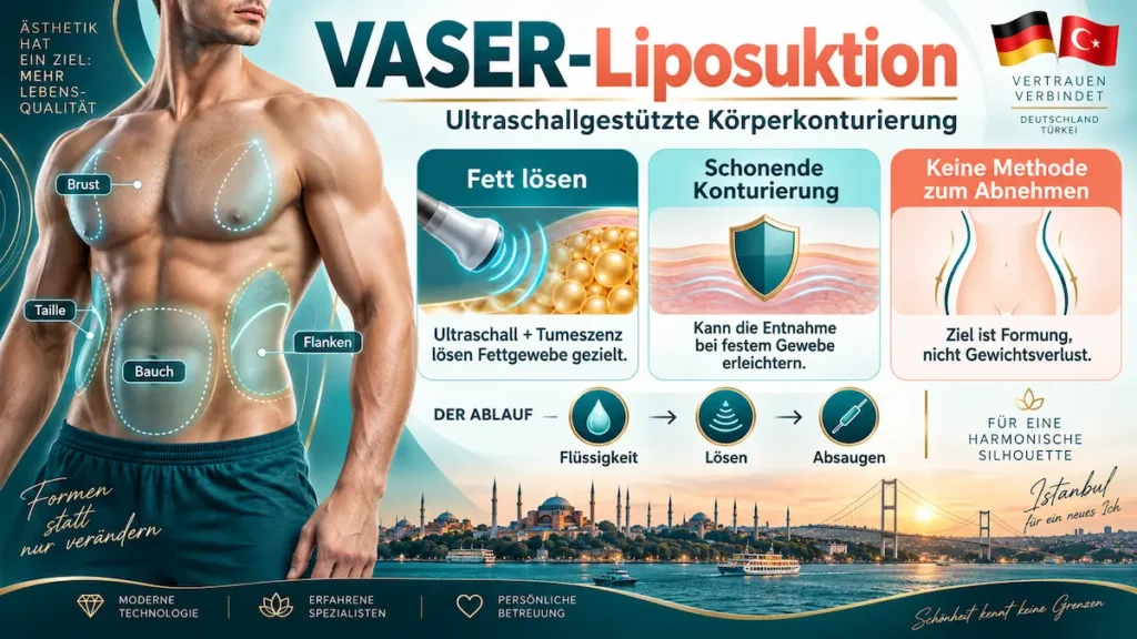 Infografik zur VASER-Liposuktion mit Ultraschallprinzip und markierten Zonen an Brust, Bauch, Taille und Flanken.