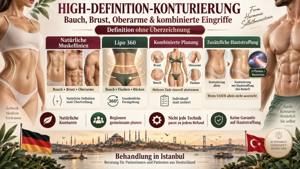 Infografik zur VASER-Liposuktion: HD-Konturen an Bauch, Brust und Oberarmen, Lipo 360 und ergänzende Hautstraffung.