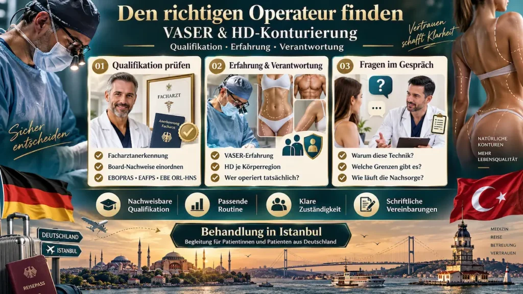 Infografik zur VASER-Liposuktion: Operateurwahl mit Prüfpunkten zu Qualifikation, HD-Erfahrung und Beratung.