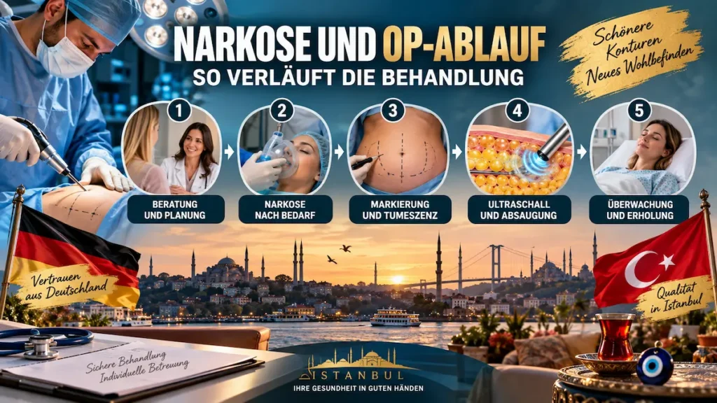 Infografik zur VASER-Liposuktion: Beratung, Narkose, Markierung, Tumeszenz, Ultraschall, Absaugung und Überwachung.