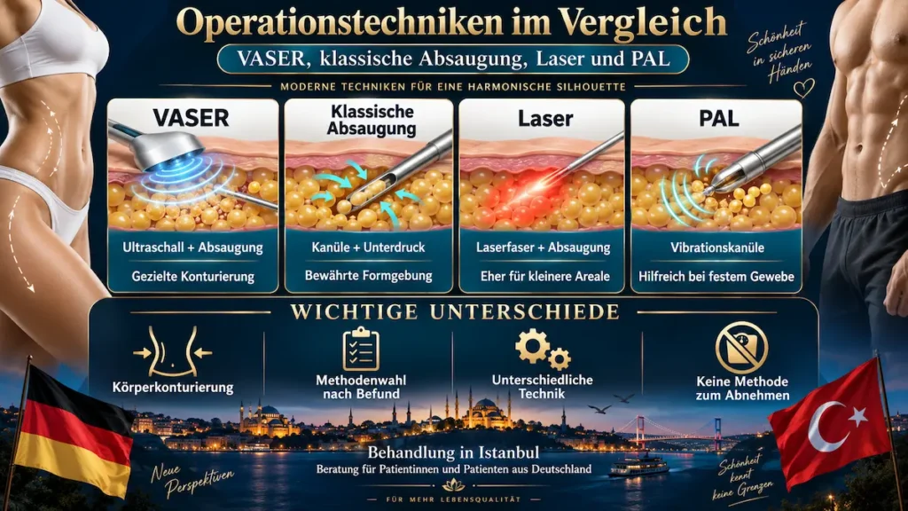 Infografik zur VASER-Liposuktion im Vergleich mit klassischer Absaugung, Laser und PAL anhand von Gewebeschemata.
