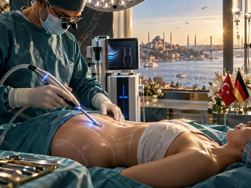 Symbolbild zur VASER-Liposuktion in der Türkei: Operateur mit Instrument am markierten Bauch einer Patientin.
