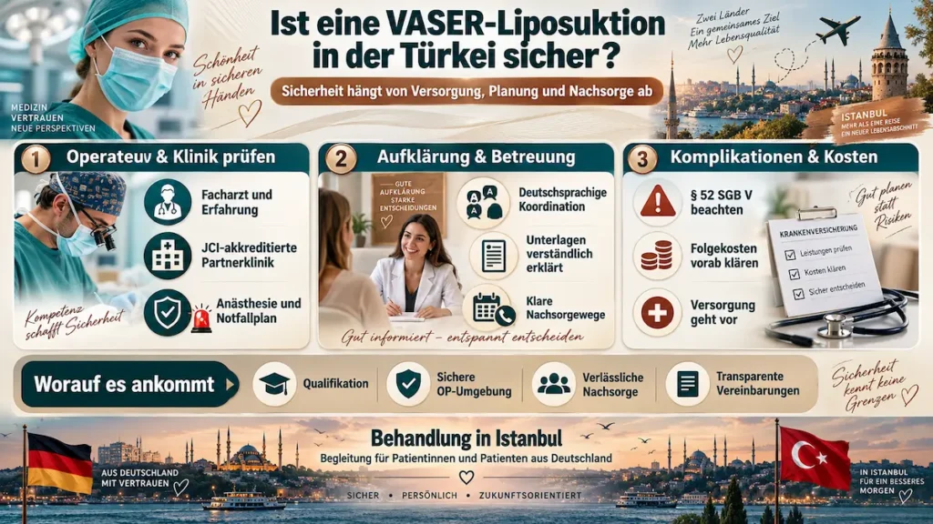 Infografik zur VASER-Liposuktion in der Türkei: Arztwahl, Aufklärung, Nachsorge und mögliche Folgekosten.