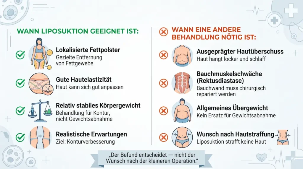 Bauchdeckenstraffung oder Fettabsaugung: Infografik zeigt, wann eine Liposuktion geeignet ist und wann Haut oder Muskulatur behandelt werden müssen.