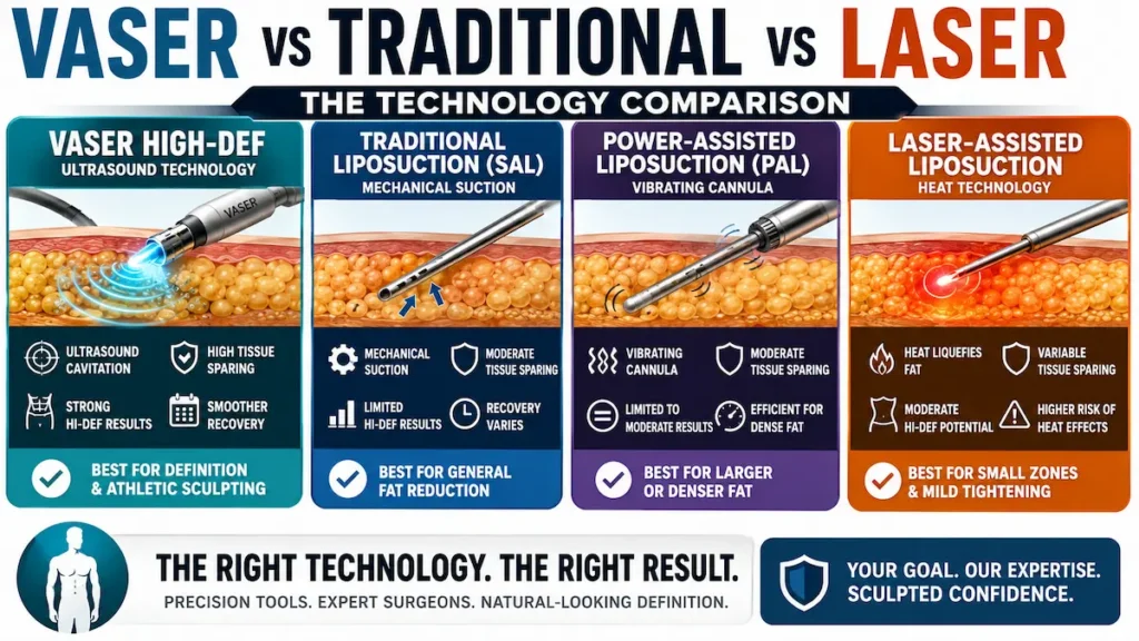 VASER vs Traditional Liposuction vs Laser-Assisted comparison showing ultrasound, suction, PAL, and laser fat removal methods.