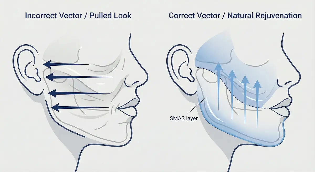 Diagram illustrating the difference between an incorrect horizontal vector pull (causing a wind-swept look) and the correct vertical vector lift used in Deep Plane Facelifts.