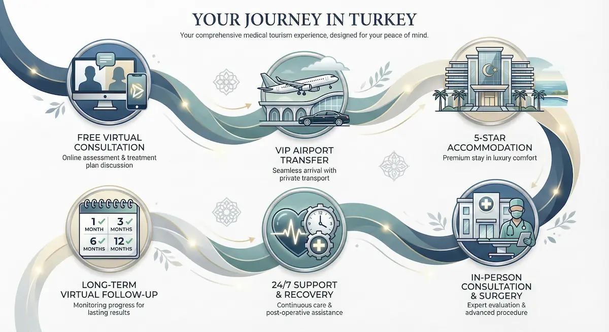 Infographic illustrating the 6-step VIP patient journey at AKM Clinic, covering free virtual consultation, airport transfer, 5-star accommodation, 24/7 support, in-person surgery, and long-term follow-up.