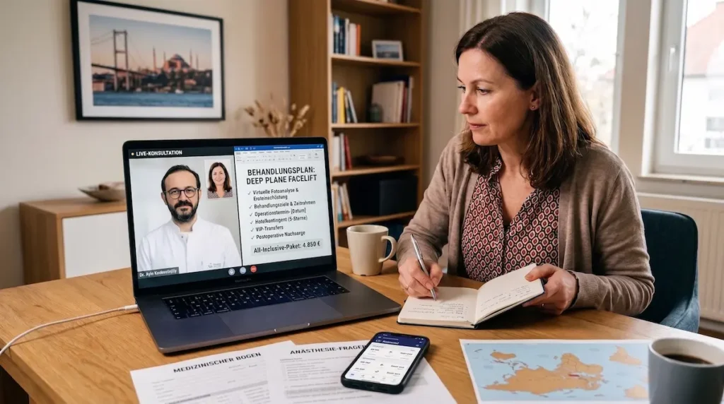Deep Plane Facelift Ablauf Türkei: Patientin bei der virtuellen Beratung zur OP- und Reiseplanung vor dem Aufenthalt in Istanbul.