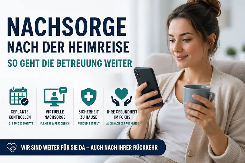 Patientin bei virtueller Betreuung zu Hause – Nachsorge nach Heimreise mit Kontrollen nach 1, 3, 6 und 12 Monaten.