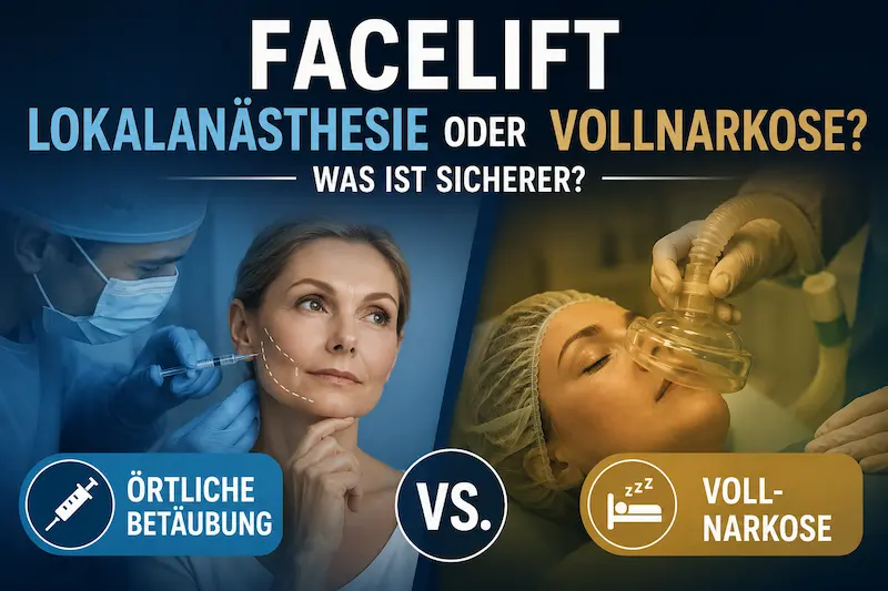 Facelift lokalanästhesie oder vollnarkose – Vergleich von örtlicher Betäubung und Vollnarkose bei einer Facelift-Beratung.