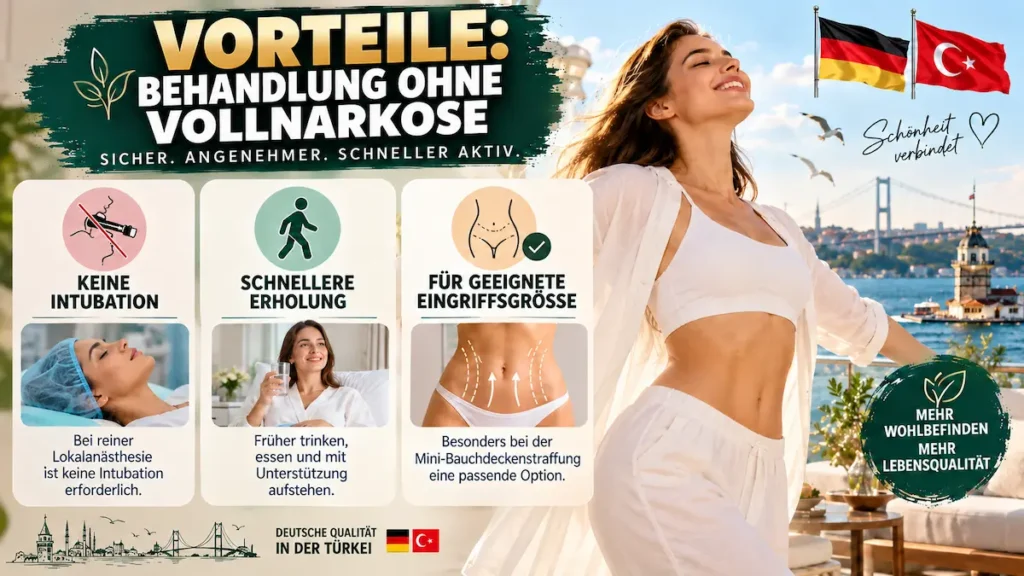 Bauchdeckenstraffung ohne Vollnarkose – Infografik zu Lokalanästhesie, früher Mobilisation und geeigneter Mini-Bauchdeckenstraffung