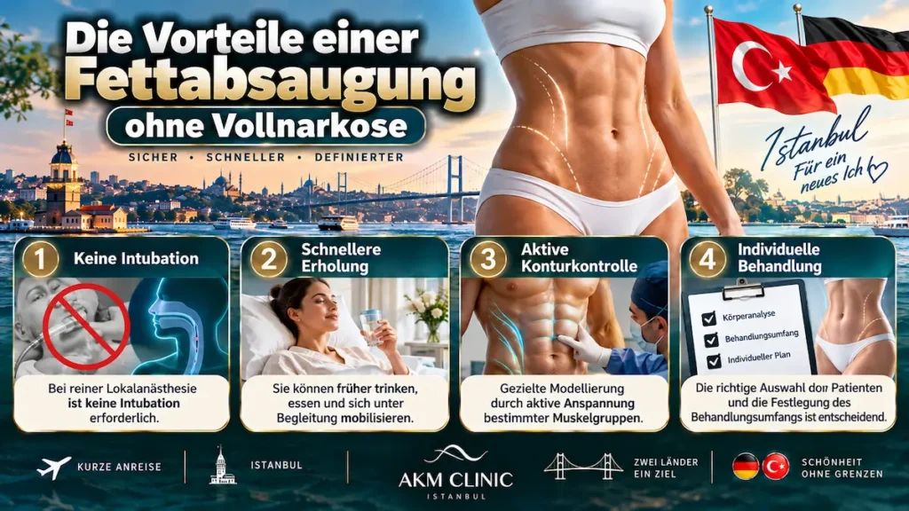 Fettabsaugung ohne Vollnarkose mit früher Mobilität, aktiver Konturkontrolle und individueller Planung in Istanbul.