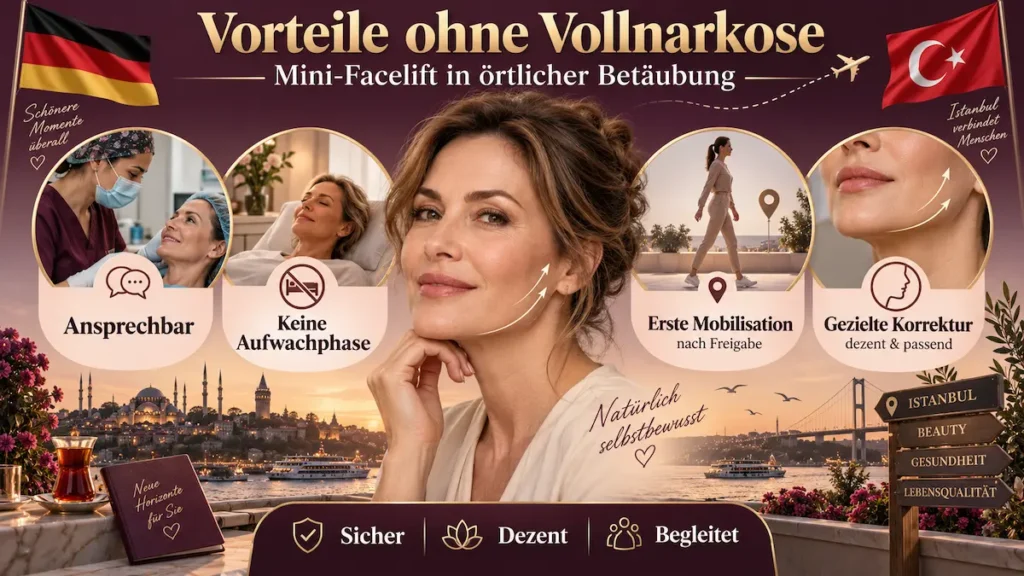 Mini-Facelift ohne Vollnarkose mit örtlicher Betäubung, Ansprechbarkeit, früher Mobilisation und gezielter Gesichtskorrektur.