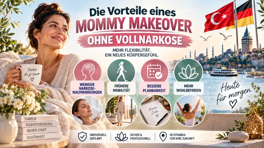 Mommy Makeover ohne Vollnarkose mit Darstellung der Vorteile wie frühere Mobilität, bessere Planbarkeit und weniger Narkose-Nachwirkungen.