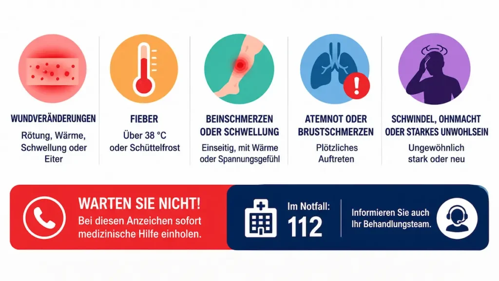 Warnzeichen bei der nachsorge nach heimreise: Wundveränderungen, Fieber, Beinschwellung, Atemnot und Brustschmerzen.
