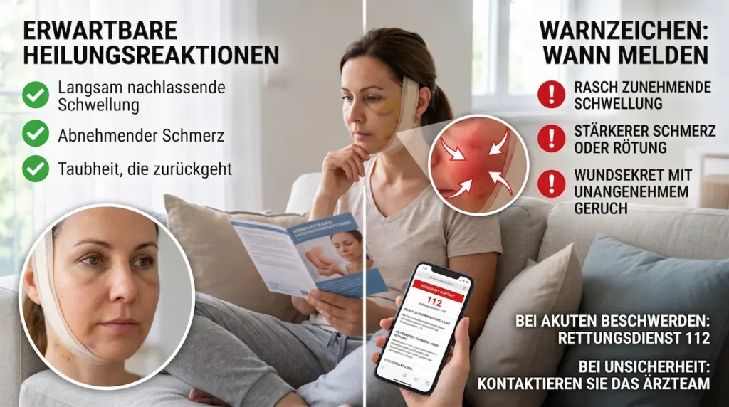 Schmerzen nach Facelift: Grafik zeigt normale Heilungsreaktionen und Warnzeichen wie zunehmende Schwellung, Rötung und Wundsekret.