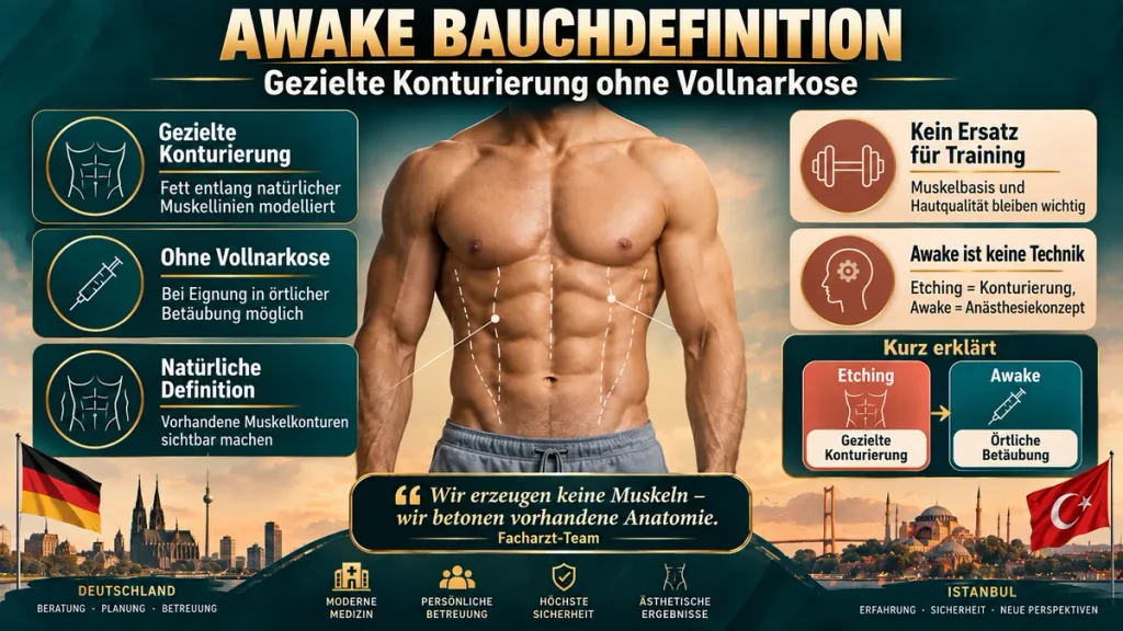 Abdominal Etching ohne Vollnarkose: Infografik zur gezielten Konturierung natürlicher Bauchmuskellinien in örtlicher Betäubung.