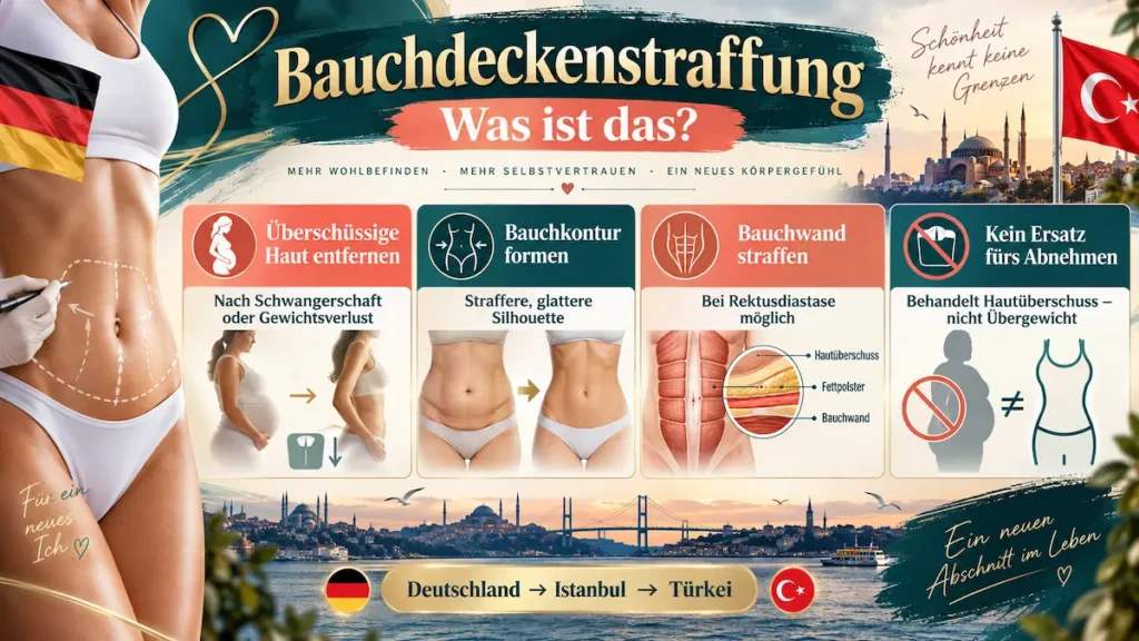 Bauchdeckenstraffung Türkei: Infografik zu Hautentfernung, Bauchkontur, Bauchwandstraffung und Grenzen beim Abnehmen.
