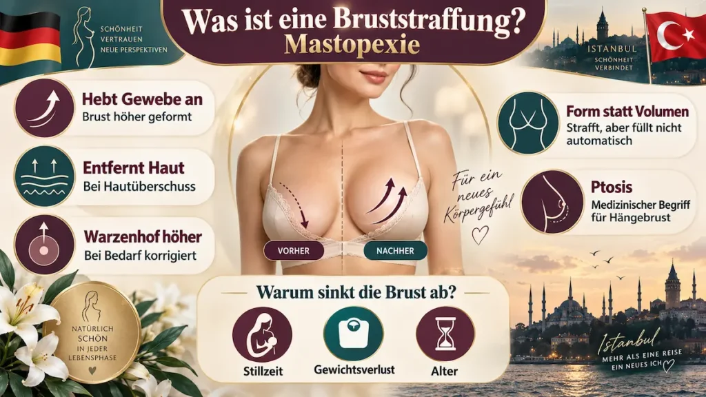 Infografik zur Bruststraffung in der Türkei (Mastopexie): Gewebeanhebung, Hautentfernung und Korrektur der Warzenhofposition.