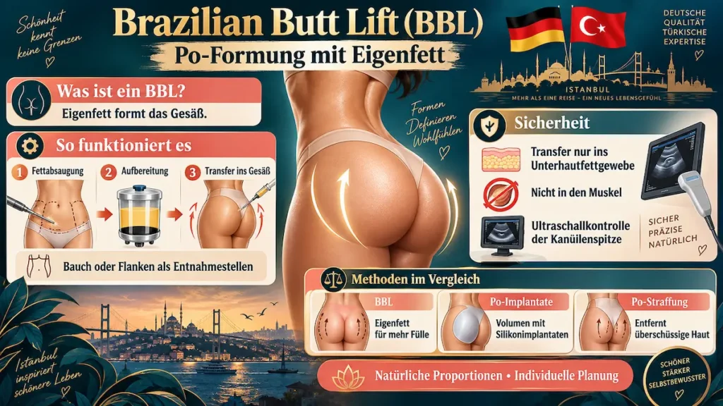 Infografik zum Brazilian Butt Lift: BBL in der Türkei mit Eigenfetttransfer, Ultraschallkontrolle und Methodenvergleich.
