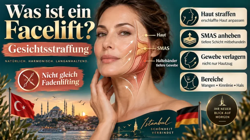 Facelift Türkei: Gesichtsstraffung mit Darstellung von Haut, SMAS und Haltebändern im Gesicht und Hals