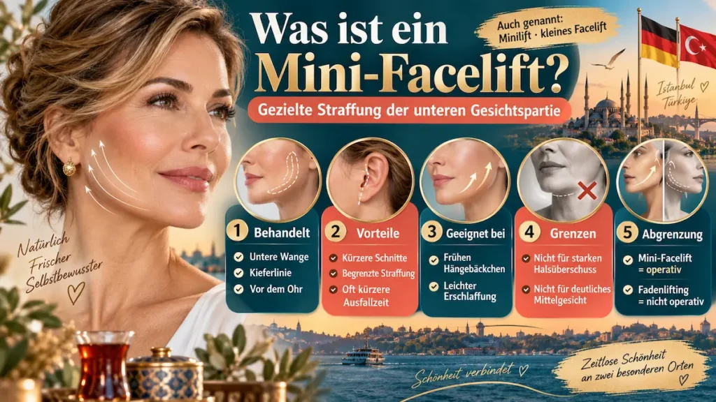 Mini-Facelift erklärt: Straffung der unteren Wange und Kieferlinie mit Vorteilen, Eignung und Grenzen der Behandlung.