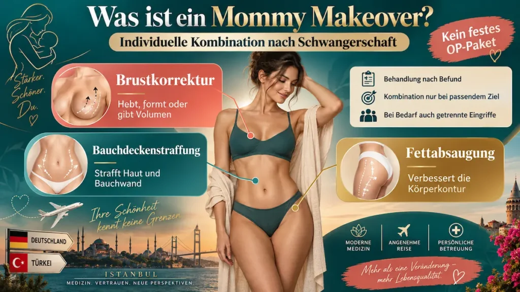 Mommy Makeover in der Türkei: Infografik zu Brustkorrektur, Bauchdeckenstraffung und Fettabsaugung nach Schwangerschaft.