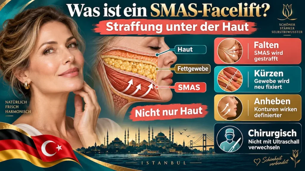 SMAS-Facelift: Infografik zu Haut, Fettgewebe und SMAS-Schicht sowie zum Falten, Kürzen und Anheben des Gewebes.