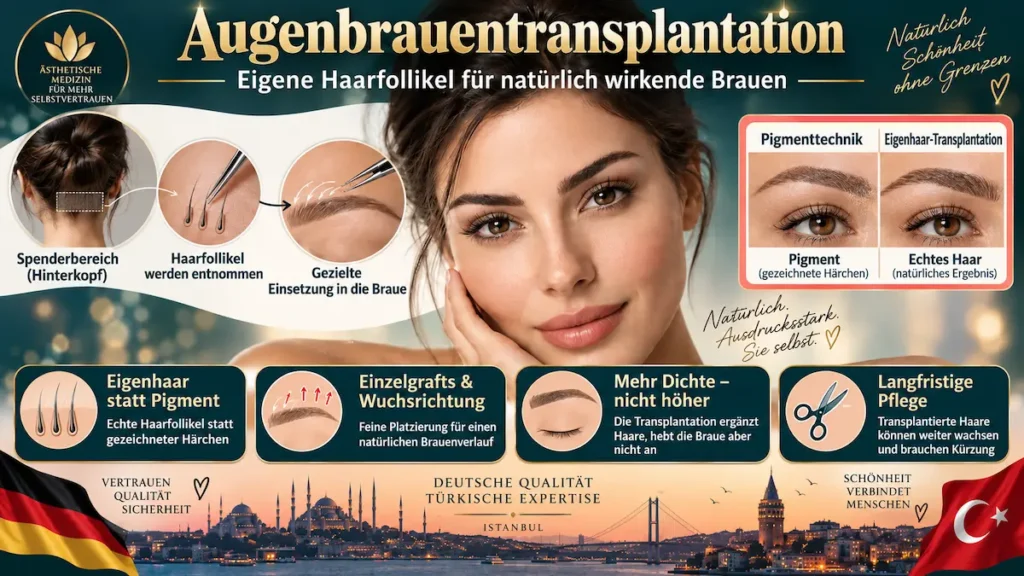 Augenbrauentransplantation in der Türkei: Infografik zur Follikelentnahme am Hinterkopf und zum Einsetzen in die Brauen.