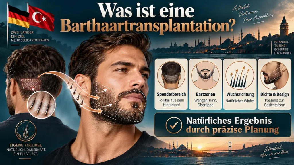 Infografik zur Barthaartransplantation: Haarfollikel vom Hinterkopf zu Wangen, Kinn und Oberlippe, mit geplanter Wuchsrichtung.
