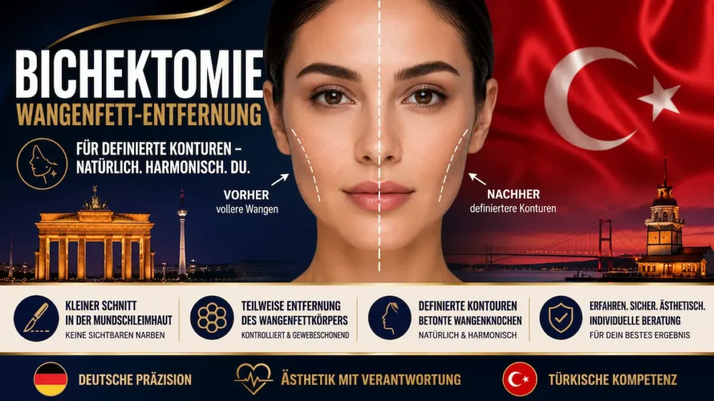 Bichektomie in der Türkei zur gezielten Entfernung des tief liegenden Wangenfettkörpers über einen Zugang im Mundinneren