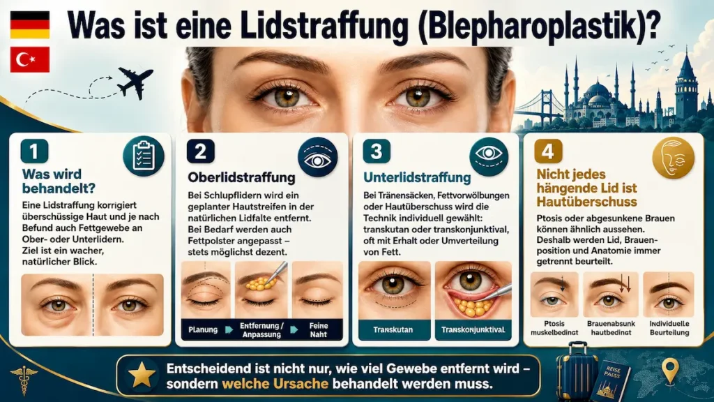 Lidstraffung Türkei – Infografik zur Blepharoplastik mit Oberlidstraffung, Unterlidstraffung sowie Ptosis- und Brauenprüfung.