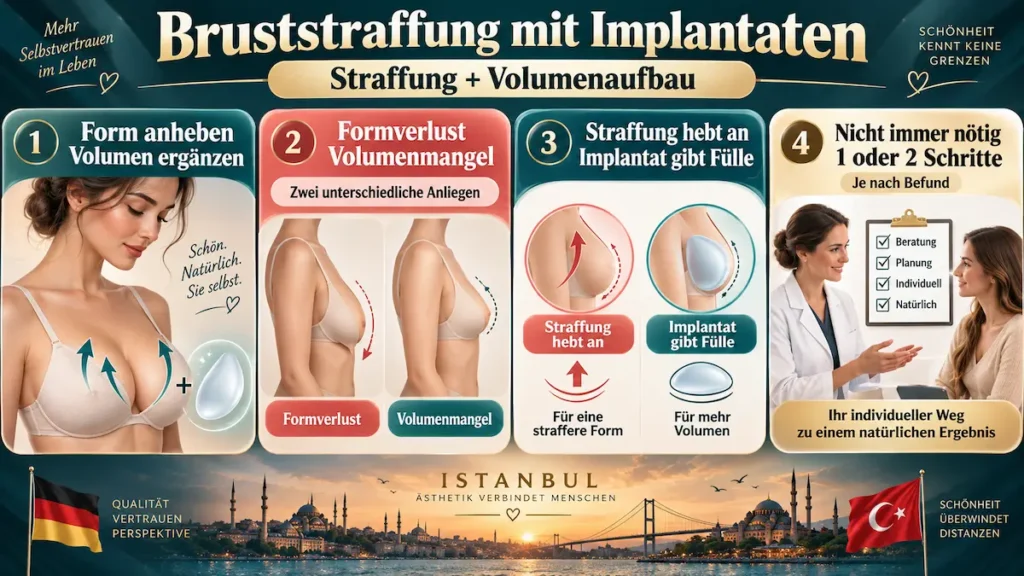 Infografik zur Bruststraffung mit Implantaten: Die Straffung hebt die Brust an, während das Implantat zusätzliches Volumen verleiht.