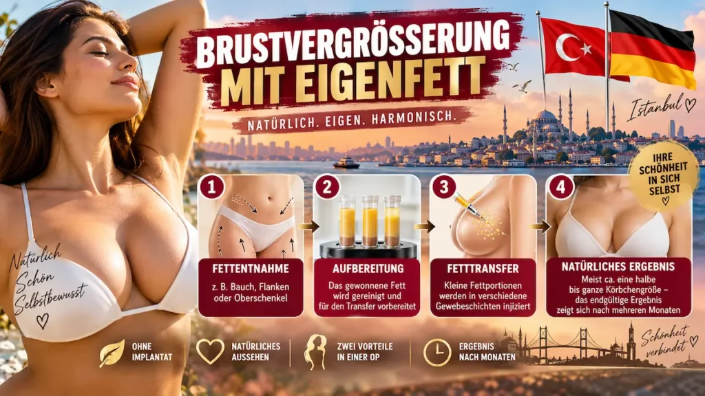 Brustvergrößerung mit Eigenfett: Infografik zu Fettentnahme, Aufbereitung, Fetttransfer und natürlichem Brustaufbau