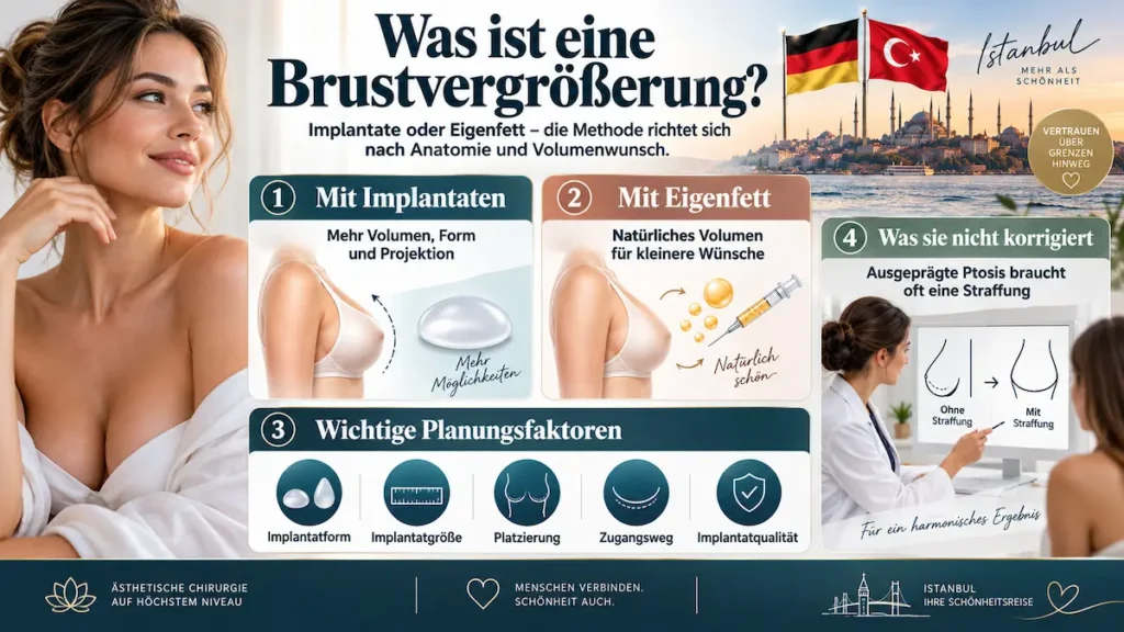 Brustvergrößerung Türkei: Infografik zu Implantaten, Eigenfett, Implantatplanung und Bruststraffung bei Ptosis.