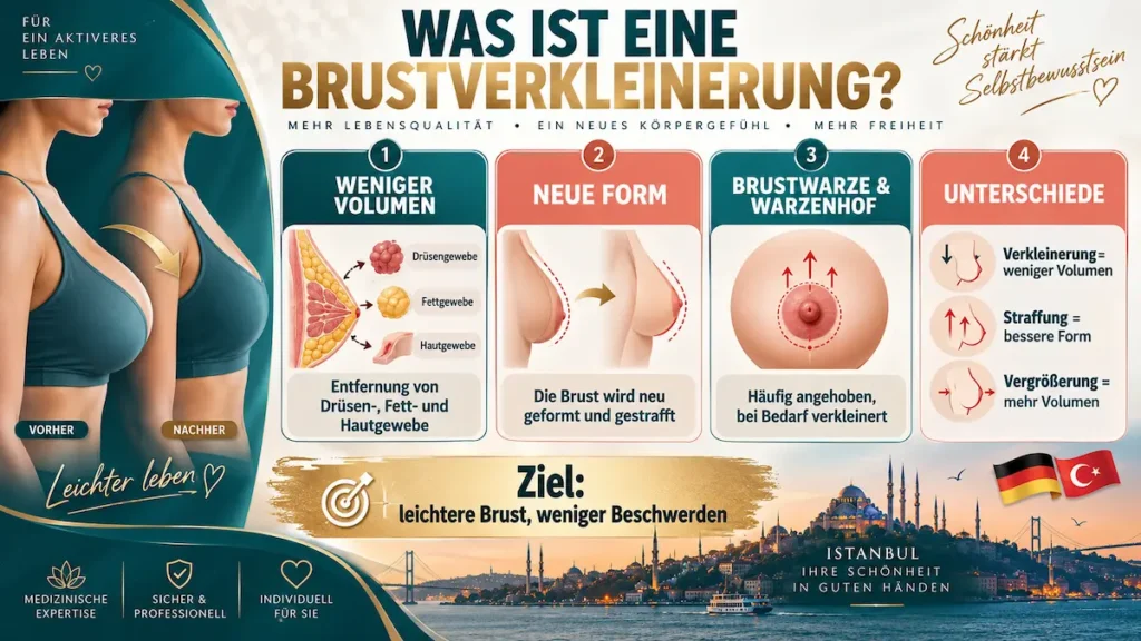 Brustverkleinerung in der Türkei: Infografik zu Gewebeentnahme, Neuformung und Anhebung von Brustwarze und Warzenhof.